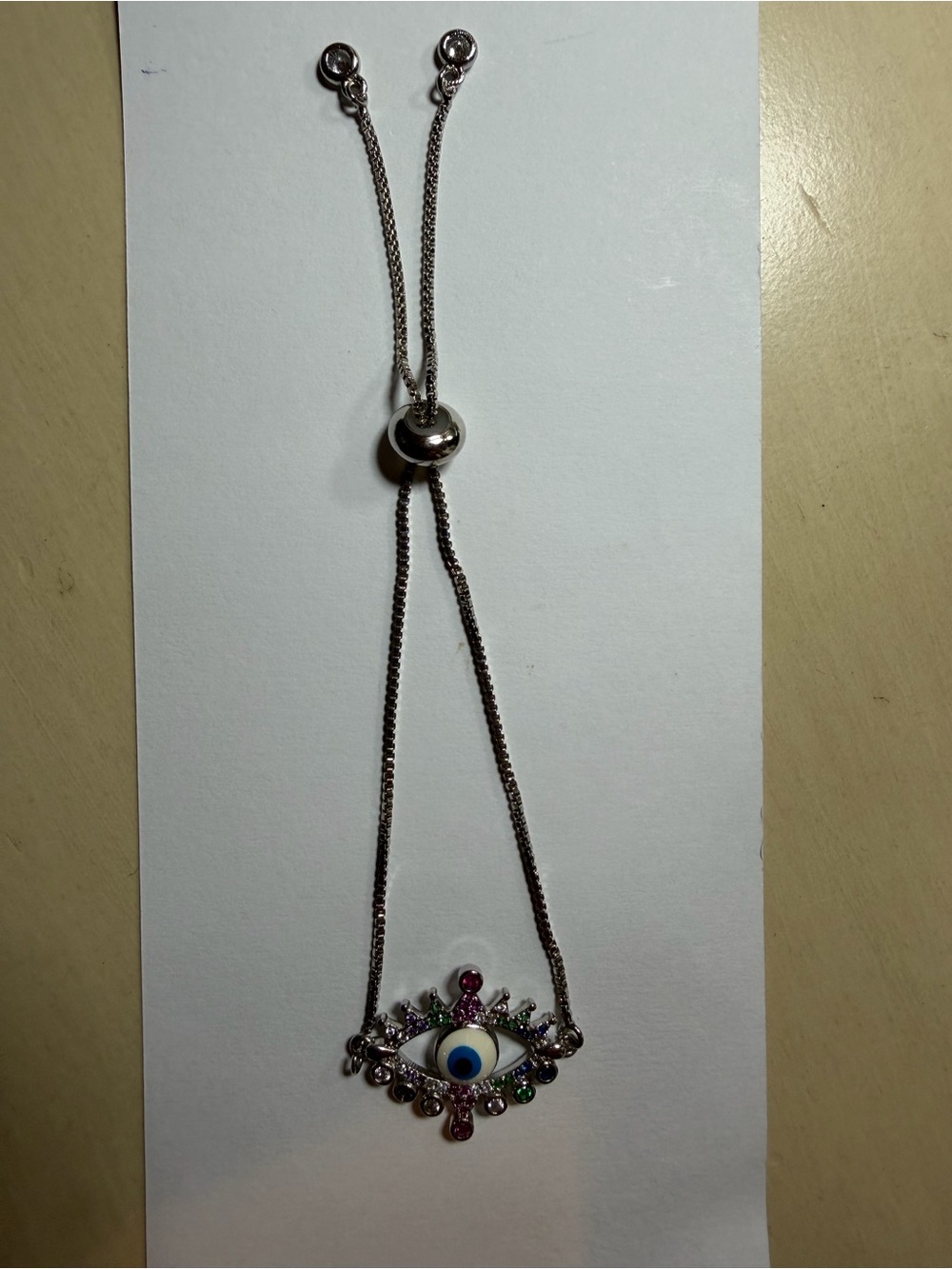 Evil Eye Slider Bracelet with Multicolor Stones - Silver Tone